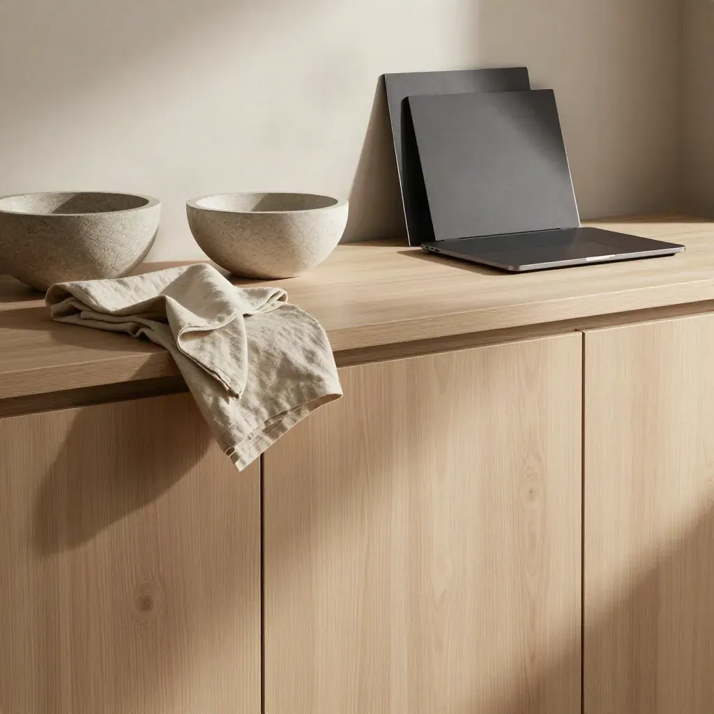 Kaunter kayu oak pucat dengan mangkuk batu dan linen lipat, cahaya petang lembut.